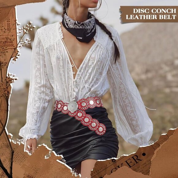 Women Vintage Disc Waist Concho Leather Belt Boho Waist Belt Red Silver Buckle
